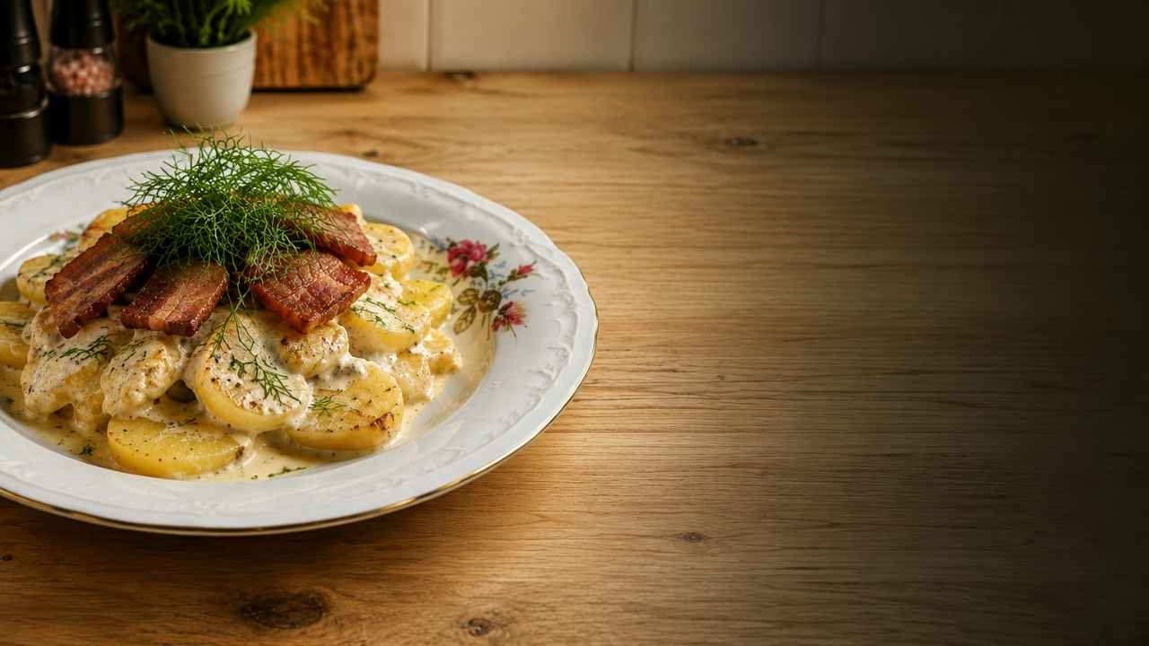 Zapiekane ziemniaki w śmietanie z boczkiem i koperkiem